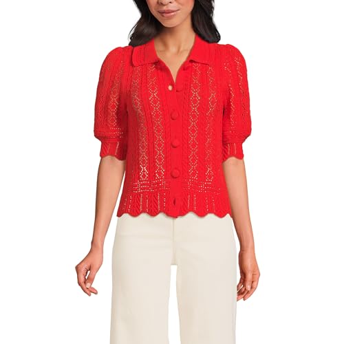 Lands' End Women's Lace Pointelle Puff Sleeve Cardigan Sweater Small Coral Red
