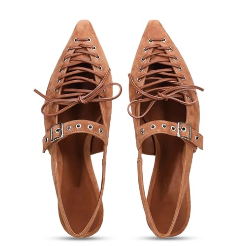 Slingback Flats for Women Lace Up Suede Mules Pointed Toe Adjustable Buckle Flats Comfort Walking Work Dressy Pumps4