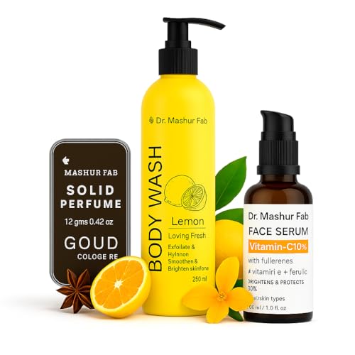 Image of MASHUR FAB Body Wash - Exfoliating & Hydrating Formula | Brightens Skin Tone | 250ml Multiple Fragrance (Pack Of 1 Body Wash + Vitamin C Serum + Perfume)