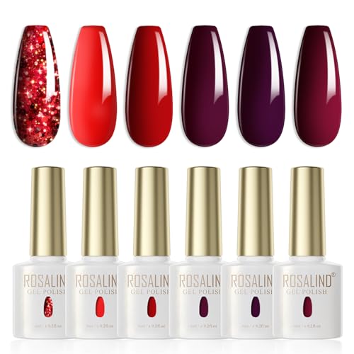 ROSALIND Esmaltes Semipermanentes Para Uñas Rojo,6 Colores Glitter Rojo Oscuro Granate Vino Pintauñas Semipermanentes Polish Kit Soak Off UV/LED Gel Uñas DIY Manicura Nail Art Set