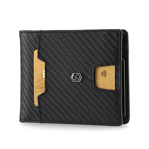 Slimpuro FLAPP Kleine Geldbörse Herren & Damen, Leder Portemonee mit Münzfach, Geldbörse RFID Schutz, Geldbeutel Herren Leder für bis 8 Karten, Mini Geldbörse, Kreditkartenetui mit Münzfach - Carbon Cover