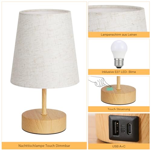 PreeOtti Nachttischlampe Touch Dimmbar, Tischlampe mit USB A+C-Ladefunktion – Ansicht 4