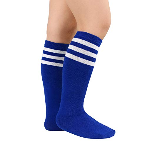 Image of Zando Toddler Soccer Socks Boys Girls Knee High Striped Tube Socks Kids School Uniform Dress Socks Athletic Long Socks, B Blue White & Red White, 3-6 Years