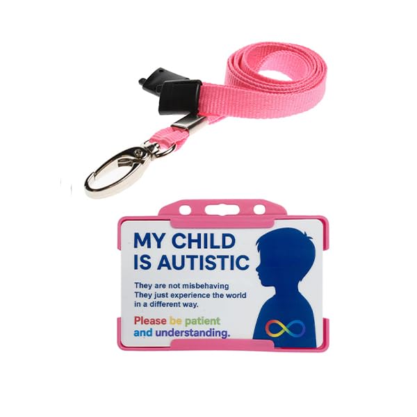 QUANTUM LEAP® My Child is Autistic ID Card Badge Hidden Disability Lanyard Pink Holder Badge with Contact Details On the Rear