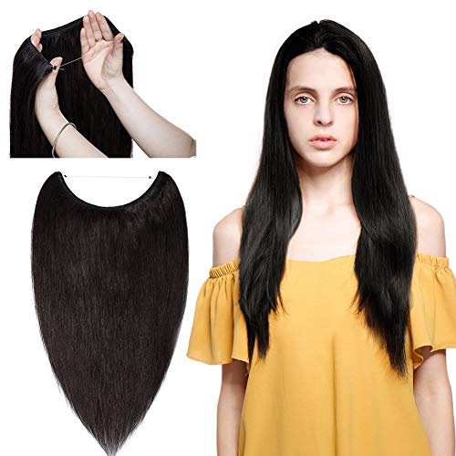 Hidden Invisible Crown Flip on Human Hair Extension One Piece Secret Miracle Wire in Hairpieces No Clip No Tape in Remy Hair Translucent Fish Line Headband 60g 16''/16inch #1B Natural Black