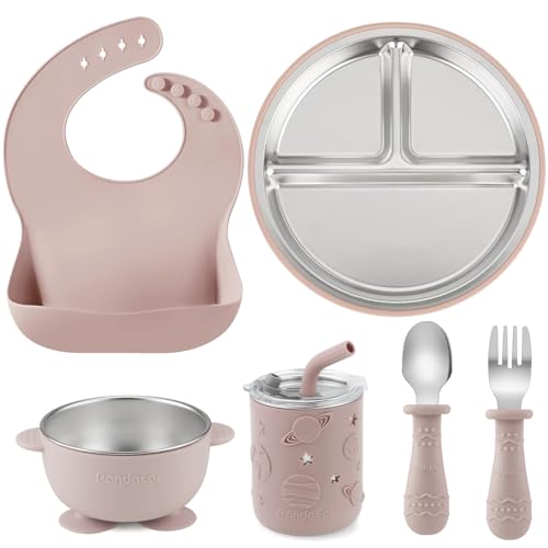 PandaEar 6-in-1 Stainless Steel Baby Feeding Set | Divided Suction Plate, Bowl, Sippy Cup with Straw, Bib, Spoon & Fork | BPA-Free Toddler Feeding Essentials for Self-Feeding (Pink)