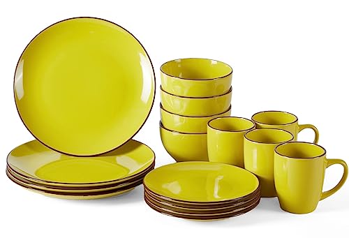 HOMD Set di stoviglie in gres porcellanato, 16 pezzi, set di piatti per 4, piatti e ciotole con piatto piano, piatto da dessert, ciotola e piatto fondo (giallo)