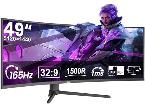 LXZ 49 Zoll Curved Gaming Monitor 165 Hz, 5120 x 1440P DQHD Ultrawide Curved Monitor, 1500R 32:9 Computer Monitor with FreeSync&G-Sync, Height-Adjustable, HDMI 2.1 & DP 1.4, VESA 75 x 75 mm