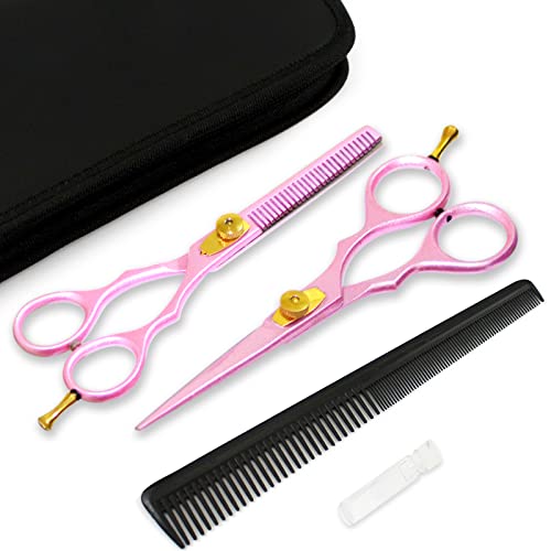 YNR Professional Hairdressing Scissors Set (5.5 Inch) Hair Cutting Scissor & Thinning Scissor Comb with Case Pink – Perfect for Men, Women, Children, and Adults