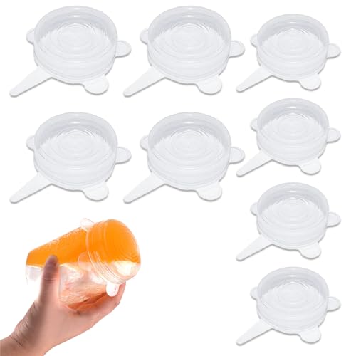 Tapas de Silicona, 8 Piezas de Tapas de Siliconas Estirable, 6,5/9cm, Tapa de Yogur de Siliconsa, Tapa Elástica de Silicona Universal, para Latas, Frutas, Cuencos, Tazas, Hogar, Transparente