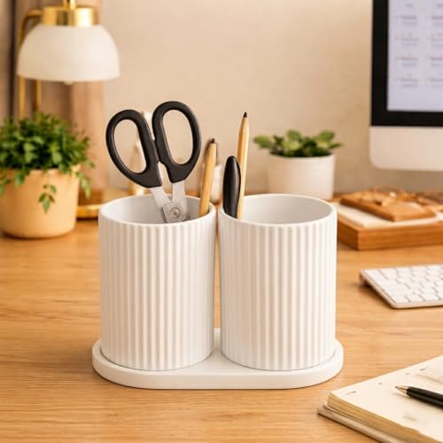 Image of Aesthetic Toothbrush Holder for Bathroom, Dual Cup Ribbed Design, Toothbrush & Toothpaste Organizer Stand, Modern Bathroom and Stationery Accessories Holder (White)