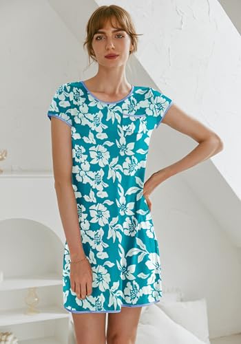 Image of Ekouaer Womens Nightgown Sleep Shirt Dress Satin Patchwork Short Sleeve Sleepwear with Pocket
