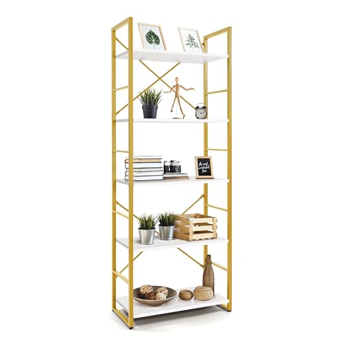 Image of CAPHAUS 5 Tier Bookshelf, 24 Inch Width Free Standing Shelf, Bookcase Shelf Storage Organizer, Industrial Book Shelves for Home Office, Living Room, Kitchen, White Wooden Shelves & Gold Frame