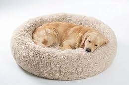 SAVFOX 36 inches Calming Donut Dog Bed - 3X Durable Plush Faux Fur, Machine Washable & Non-Slip, Fits up to 100 lbs, Beige