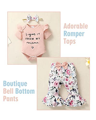 Highuzza Baby Girl Clothes 0-3 Months Newborn Infant Outfits Summer Girl Romper Letter Tops Flower Flare Pants Baby Girls' Clothing Set Cute Headband Gifts Pink #TOP2
