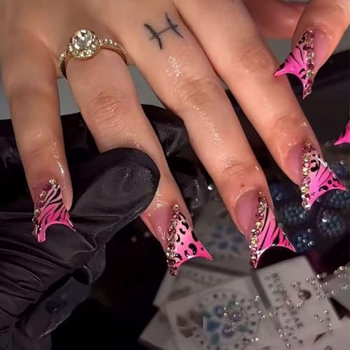 Image of Pink Leopard Print Press on Nails Rhinestone Fake Nails with Design Duck False Nail Glossy Full Cover Artificial Acrylic French Tip Stick on Nail for Women Manicure 24Pcs