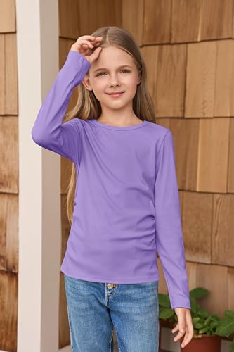 Image of Haloumoning Girls Long Sleeve Shirts Crewneck Ruched Side Slim Fit Tops Ribbed Knit Casual Tee Shirt 4-15 Years