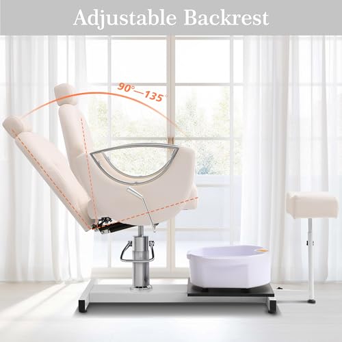 KIGOTY Hydraulic Pedicure Chair for Nail Tech No Plumbing,Height Adjustable,360 Swivel Reclining Pedicure Station Unit with Foot Basin and Stool (White)