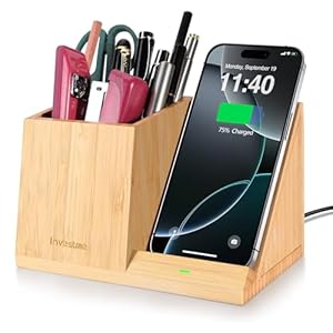 3-in-1 Bamboo Wireless Charger with Desk Organizer, Bamboo Pen Holder for Desk, 15W Fast Wireless Charger with Pen Holder for Home Office Supplies, Compatible with iPhone and Samsung