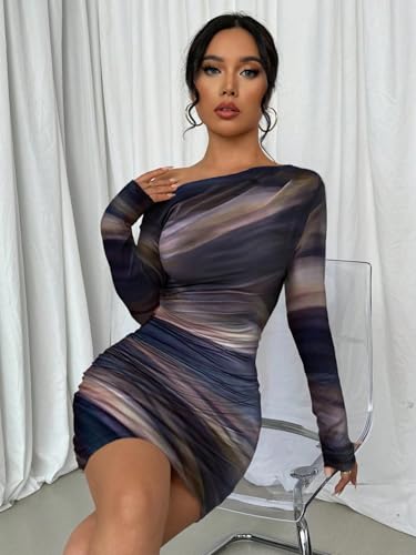 Women's Sexy Off The Shoulder Bodycon Mini Dress Tie Dye Long Sleeve Ruched Asymmetrical Club Dresses4