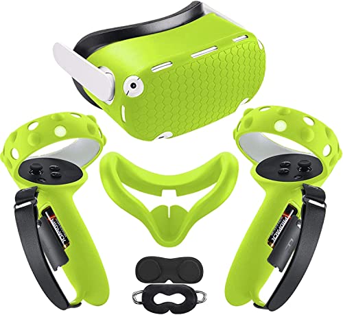 Compatible with Meta Oculus Quest 2 Accessories | Lengthening Controller Grip Cover with Battery Opening | VR Shell Cover | Silicone face Cover | Protective Lens Cover (Green)