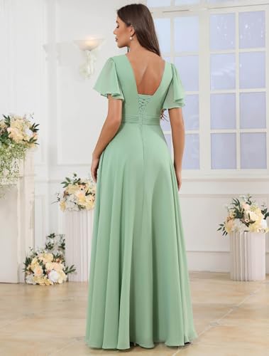 Fu Jiang Women's Short Sleeve Bridesmaid Dresses with Slit Chiffon Long Formal Wedding Guest Party Gown2