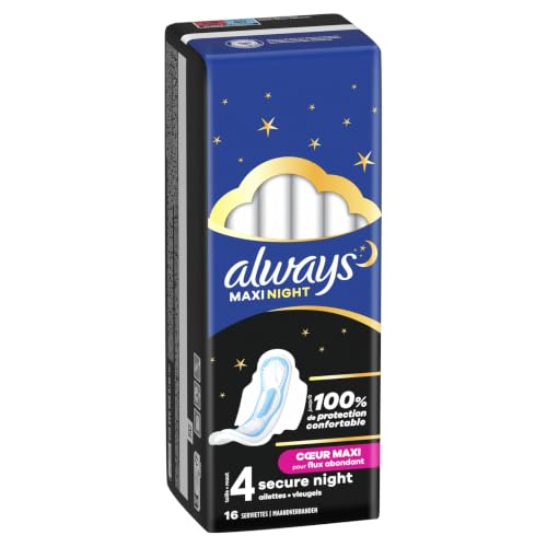 Always Maxi Serviettes Hygiéniques, Taille 4, Night, 16 Serviettes Avec Ailettes, Flux Très Abondants Nuit, Cœur Ultra Absorbant et Barrières Anti-Fuites-L'emballage peut varier.