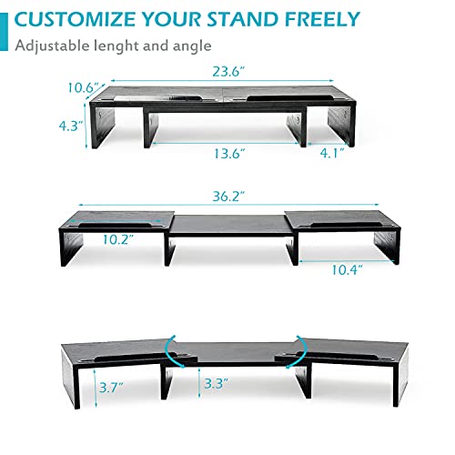 QEEIG 3 Shelf Monitor Riser with Phone Holder for 2 Monitors Desk Shelves Organizer Desktop Stand Dual Computer Screen Laptop PC Office Table Shelving Adjustable 23.5-36 inch Long, Black (MS635)