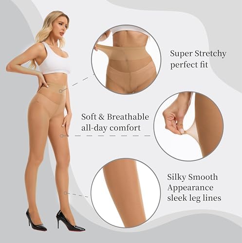 HeyUU 40D T-Crotch Sheer Pantyhose for Women, High Waist Stretchy Silky Stockings with Durable Reinforced Toes Black+Natural L-XL — view 2