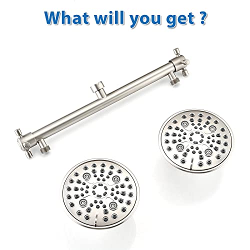 Proox Double Shower Head with Built-in Valve, High Pressure 6 Setting Dual Shower Head Design for Couple on Walk-in Bathroom or Single on Bathtub Bathroom - Brushed Nickel