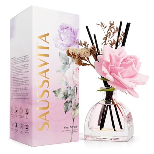 Reed Diffusers Set Rose Scented Diffuser for 140 Days, Flower Diffuser 8.5 fl oz with Dried Flowers and Decorative Rose, Long Lasting Home Fragrance with 10 Sticks for Bathroom, Shelf, Office Decor