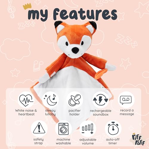 Riff Raff Sleep Soother Sleep Aid Lullaby for Newborn/Baby 0+ Months, Portable White Noise Plush Sound Machine, Heartbeat & White Noise Plush, Washable Stuffed Animals for Babies w/Velcro Strap - Fox - Image 2