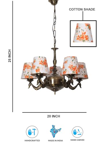 Image of Devansh 05-Light Printed Conical Multicolor Cotton Shade Chandelier - Antique Golden Finish | Adjustable Cord | Warm Glow Lamp - Ceiling Light for Living Room, Dining Area, BedroomDecor - D1