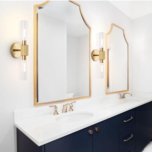 Image of BYOLIIMA Gold Knurled Texture Wall Sconce Clear Glass Shade Modern Bathroom Vanity Light Fixtures 2-Lights Mid Century Wall Light for Mirror Living Room Hallway E26 T10 Bulbs(Excluded)