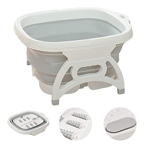 Collapsible Foot Soaking Bath Basin with Foot Callus Remover and Massage Rollers,Foldable Plastic/Rubber Foot Bath Bucket Tub,Pedicure Foot Soak Bath (Grey)