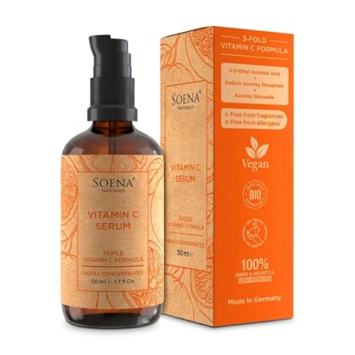 Vitamin C Serum for Face • 3 Stable Vitamin C Forms + 4 Power Ingredients: Hyaluronic Acid & Panthenol • Brightening Anti Aging Serum for Dark Spots, Fine Lines & Wrinkles • Made in Germany, 1,7 fl oz