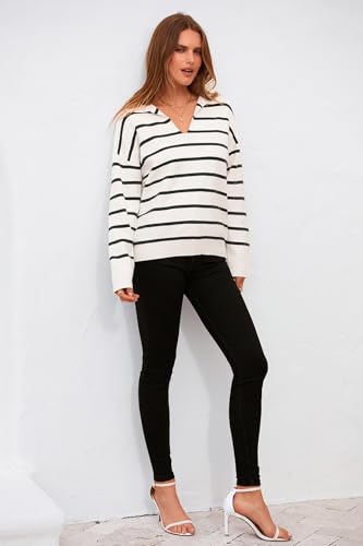 CFLONGE Women's Casual Striped Long Sleeve Polo V Neck Lightweight Pullover Sweater Loose Fit Drop Shoulder Knitted Shirt Top4