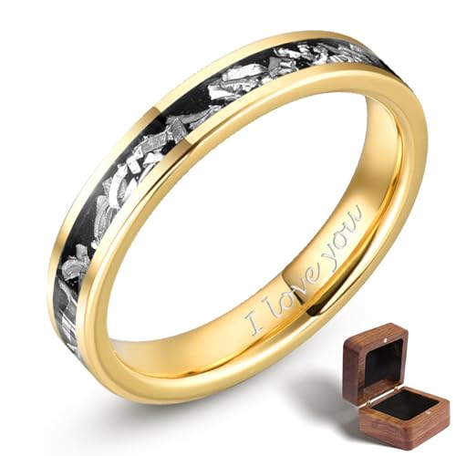 Tungsten Wedding Bands for Women, 4mm Imitated Meteorite Inlay Wedding Rings Classic Black & Gold Ring Comfort Fit Jewelry Gift for Her Size 5-10