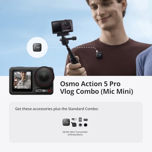 Image of DJI Osmo Action 5 Pro Vlog Combo (Mic Mini), Action Camera 4K Ideal for Vloggers with Mic Mini Transmitter, Mini Action Camera with 1 /1.3″ Sensor, 4hrs Battery Life, Dual OLED Touchscreens