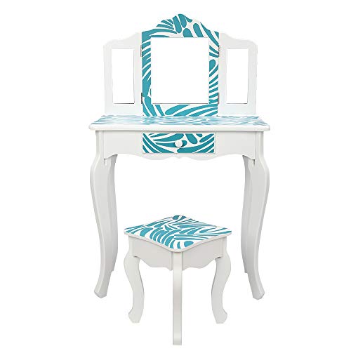 Image of Vanity Set,ShyneeMakeup Dressing Vanity Set Wooden Princess Makeup Table with Cushioned Stool,Drawer,Wooden Legs and Mirror, Make Up Dressing Play Set for Girls (Blue)
