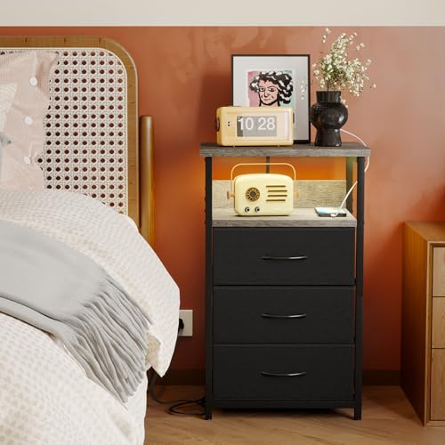 Image of Fixwal Night Stand with 3 Fabric Drawers, Nightstand with Charging Station