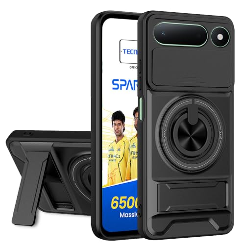 Image of AESTMO Tecno Spark 50 5G Back Cover | Armor Camera Slider 360 Degree Rotating Finger Ring Holder Case with Bracket Stand Back Case Cover (Compatible with MagSafe Accessories) (Black)