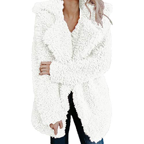 iQKA Women Winter Warm Coat Fuzzy Faux Fur Shearling Lapel Collar Jacket Outerwear(White,XX-Large)
