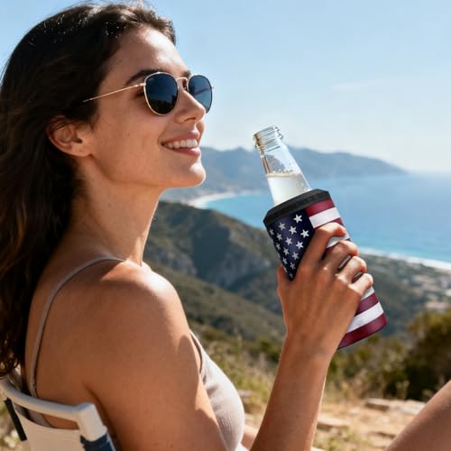 Image of 3 in 1 Slim Can Cooler for 12 OZ Skinny Can, Regular Can & Beer Bottle - Keep Cold for 6 Hours - Double Walled Insulated Stainless Steel Vacuum Beverage Insulator (US Flag)