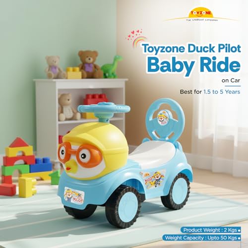 Image of Toyzone Duck Pilot Baby Ride on - Blue | Car for Kids | Toddlers Push Car with Backrest | Music & LED Light | Under Seat Storage | for Kids 2+ Years
