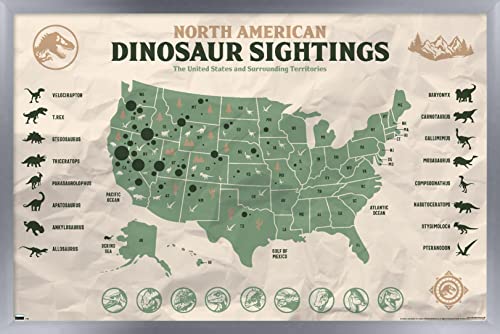 Trends International Jurassic World: Dominion - North American Dinosaur Map Wall Poster, 14.725" x 22.375", Silver Framed Version