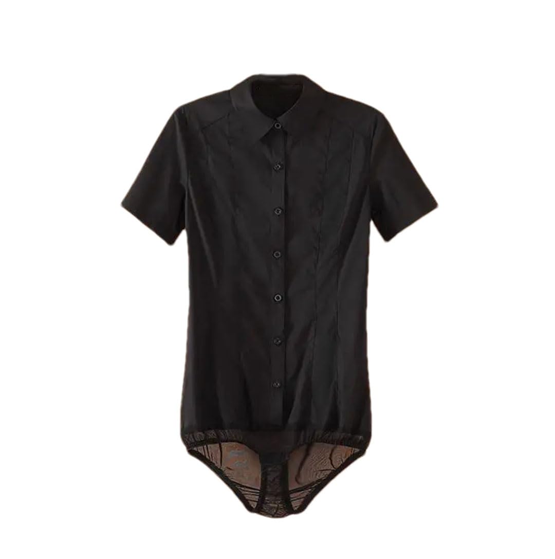 Hndudnff Damskie solidne body guziki body kombinezon koszula biuro biuro praca pajacyki, Krótki ściągacz czarny, 3XL