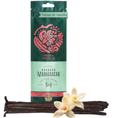 PREMA VANILLA Vainas de Vainilla Bourbon Premium - Vainilla en Rama Natural y Orgánica 14-18 cm - Vanilla de Calidad Gourmet de Madagascar - Aroma Rico e Intenso - Paquete Con 5 Vainas y 1 de Regalo