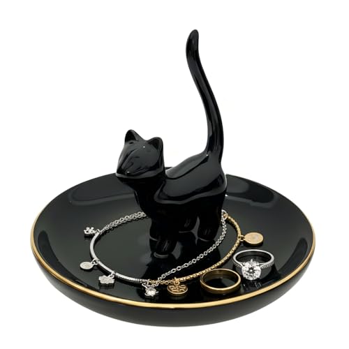 ROSA&ROSE Cat Ring Holder Trinket Tray Ceramic Jewelry Dish Porcelain Ring OrganizerGift for Women Girlfriend Wife Birthday or Anniversary (Black)