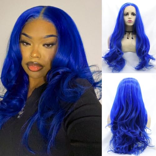 Perruque bleue pré-bouclée en fibre thermorésistante avec raie libre femme